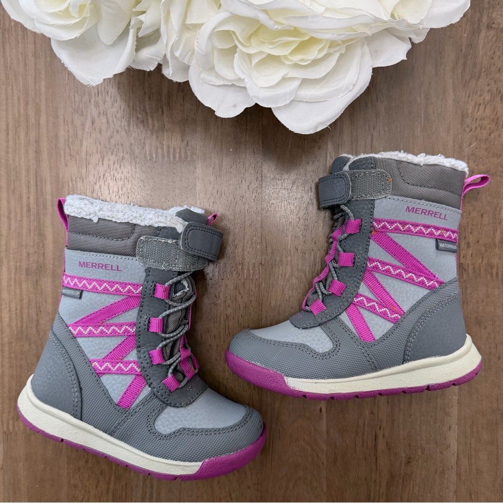 Merrell Kids Gray & Pink Insulated Winter Boots with Hook-and-Loop Closure